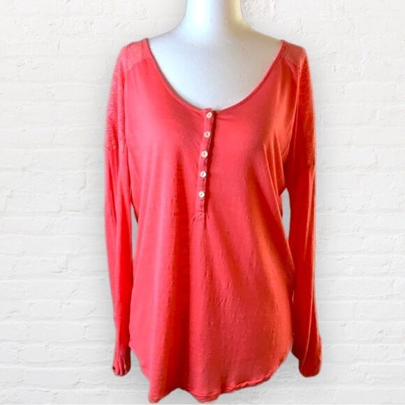 Lucky Brand pink mesh shoulder long sleeve button front top size small - Picture 1 of 10